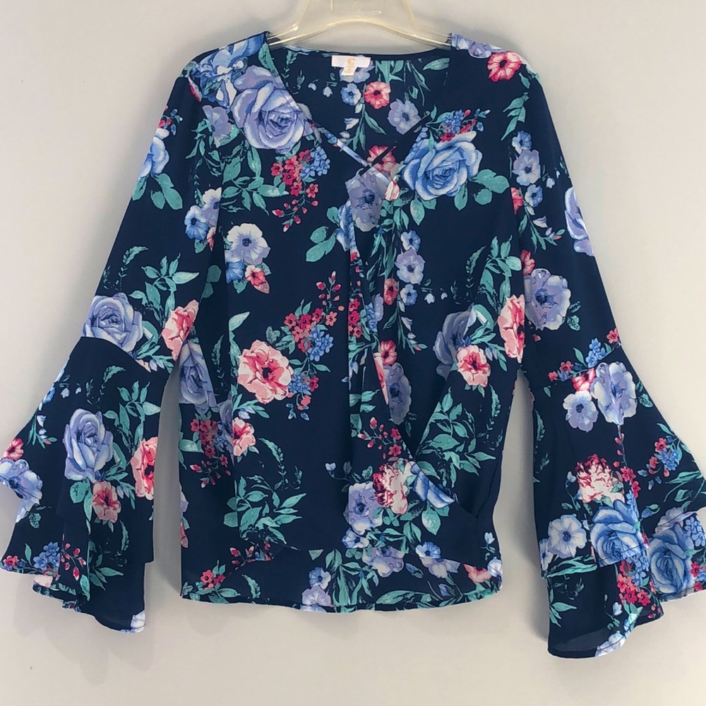 Faux wrap tunic, layered sleeves, blue floral pattern. Size S